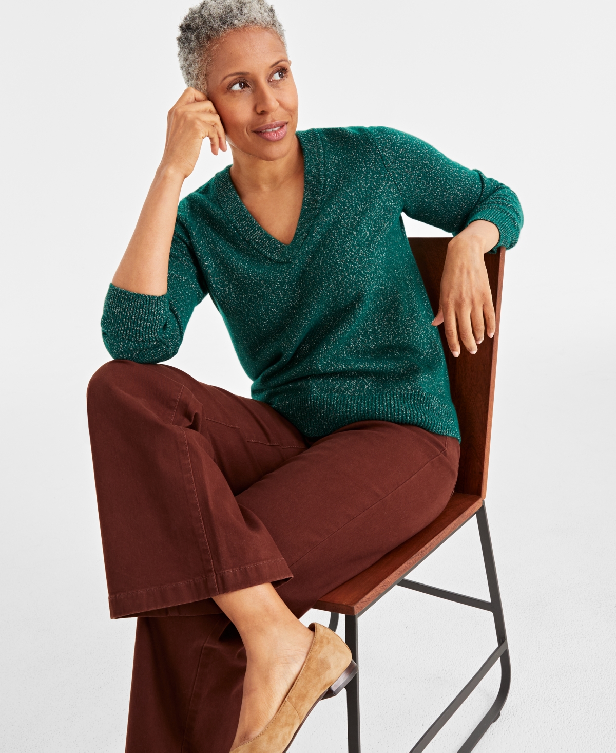 Style & Co Petite Whimsy Shine Pullover V-neck Sweater, Created For Macy's In True Emerald