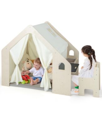 Montessori Style Indoor Playhouse with Storage Bin and Floor Mat for Toddlers Aged 2-6 Years Old-Beige
