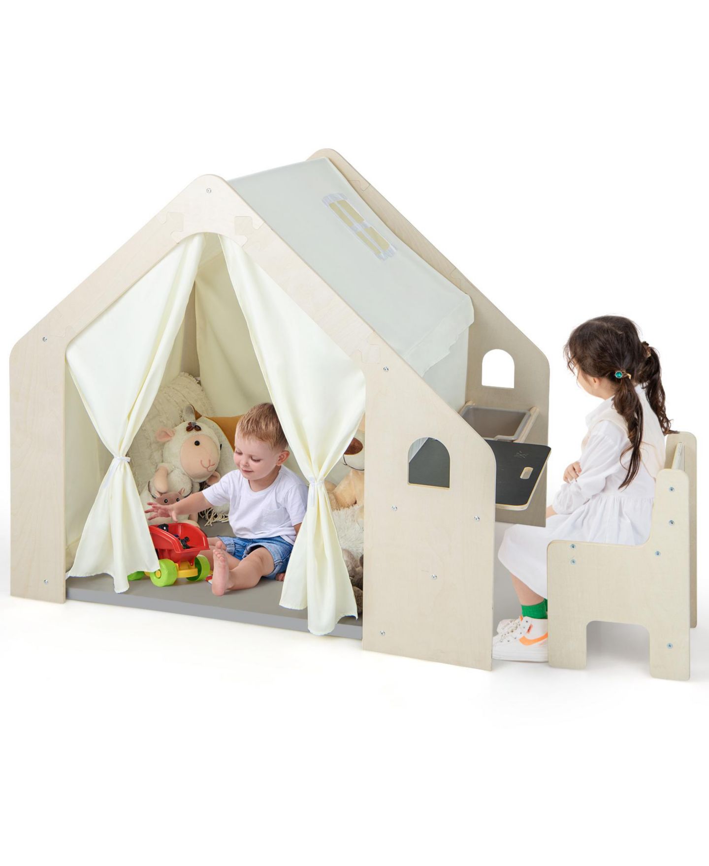 Детская игрушка SKONYON Montessori-Style Indoor Playhouse with Chalkboard, Ages 2+, цвет: Бежевый / Хаки — фото 3