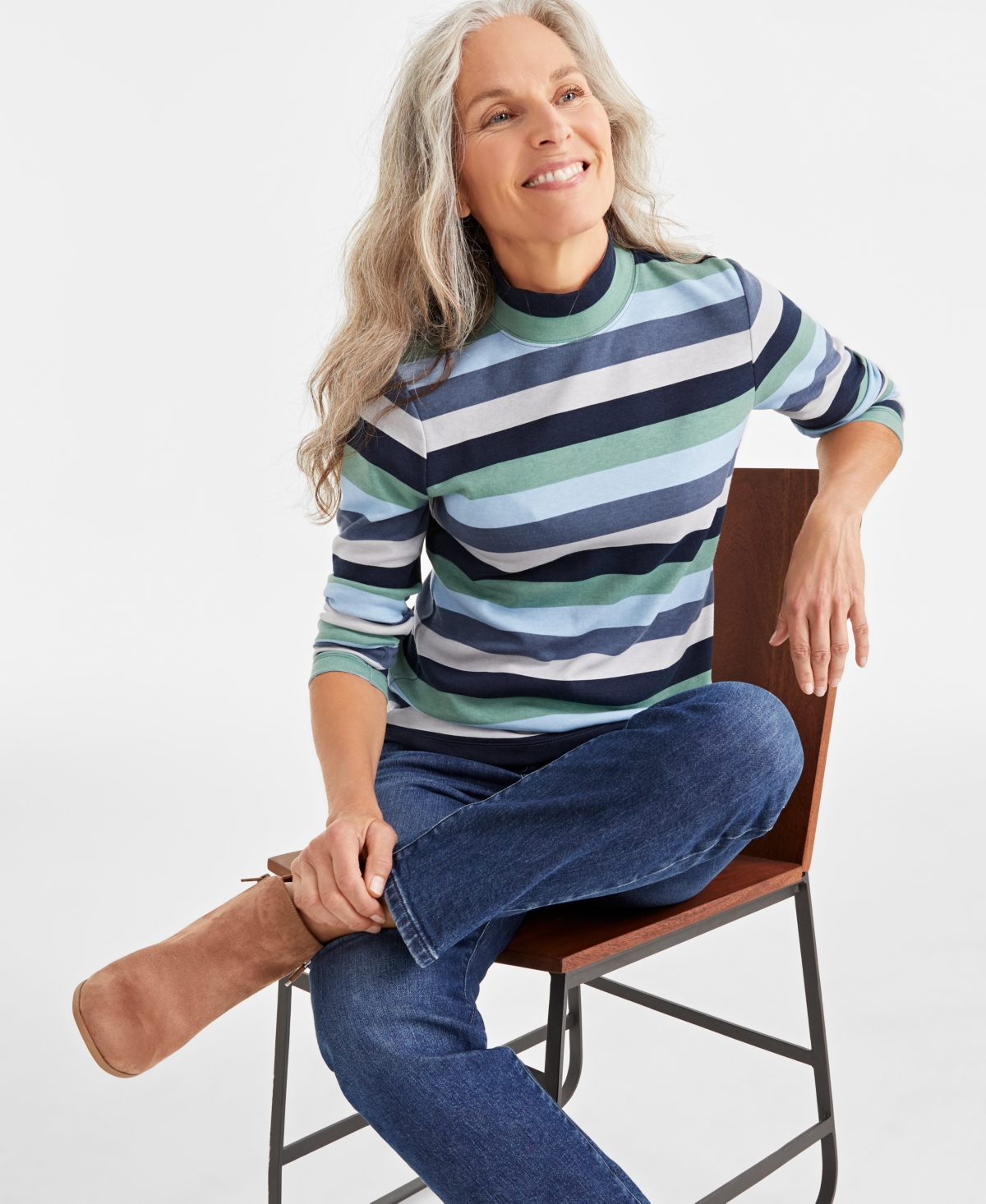 Style & Co Petite Block Striped Mock-Neck Top, Created for Macy's