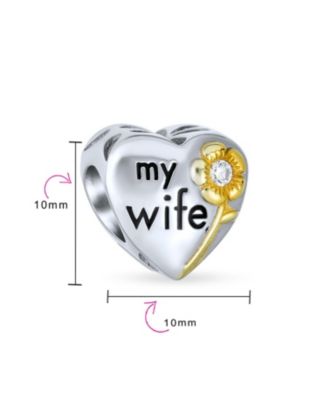 Flower Daisy CZ Accent Heart Shape Word Words My Wife Charm Bead Two Tone Gold Plated Sterling Silver Fit European Bracelet