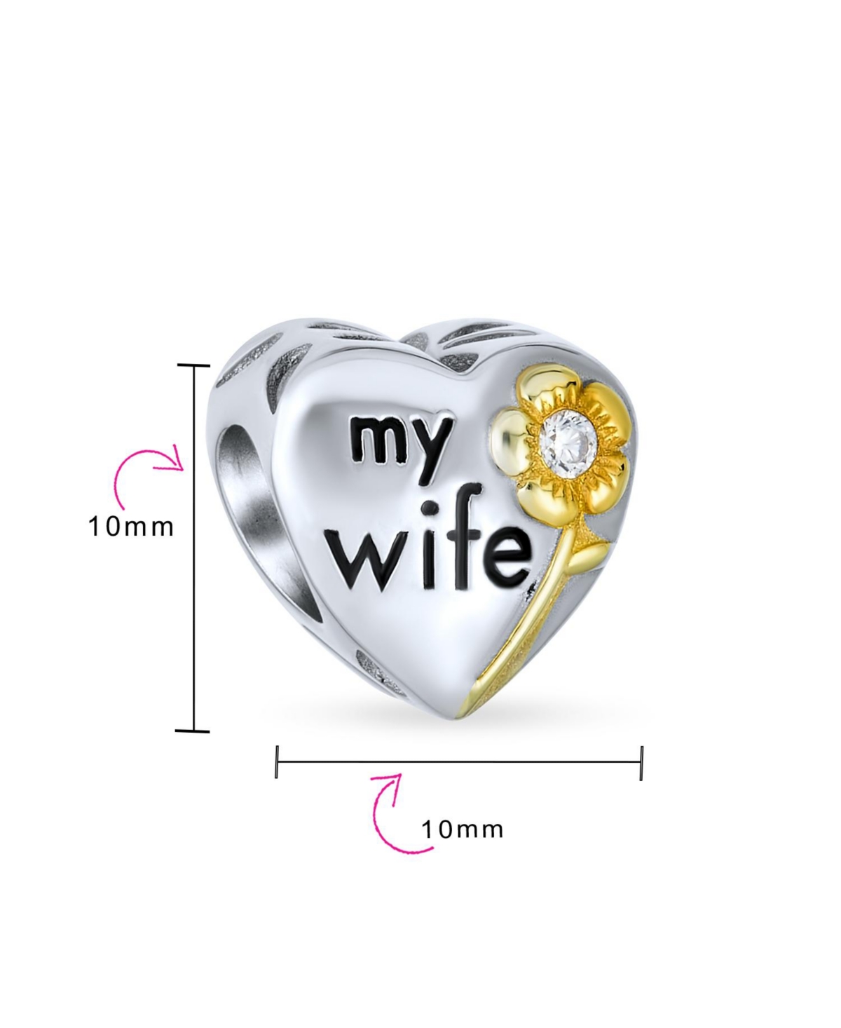 Bling Jewelry Flower Daisy Cz Accent Heart Shape Word Words My Wife Charm Bead For Women Two Tone Gold Plated Sterling Silver Fit European Bracelet