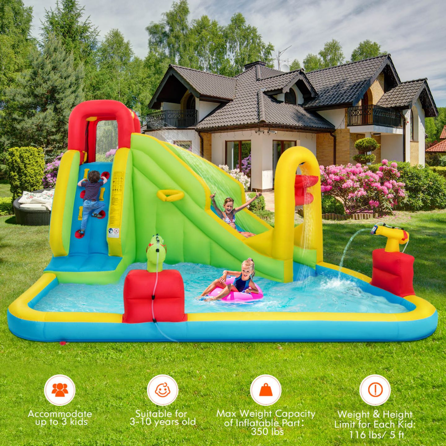 Детская игрушка Costway Inflatable Water Slide Oxford Cloth Bounce House with Splash Pool, Climbing Wall & Basketball Rim, Ages 3-10, цвет: Синий — фото 5