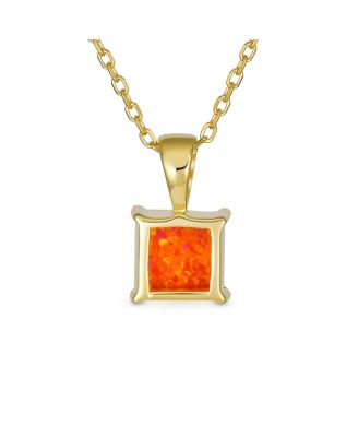 Dainty 1.25 CT Square Solitaire Princess Cut Orange Synthetic Opal Pendant Necklace Gold Plated Sterling Silver