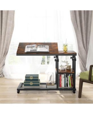 Adjustable C Table with Wheels, Tiltable Laptop Stand & TV Tray with Shelves for Sofa, Bedside, or Couch