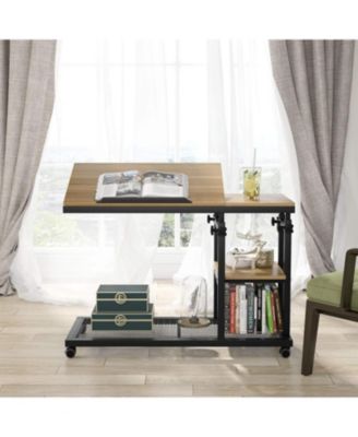Adjustable C Table with Wheels, Tiltable Laptop Stand & TV Tray with Shelves for Sofa, Bedside, or Couch