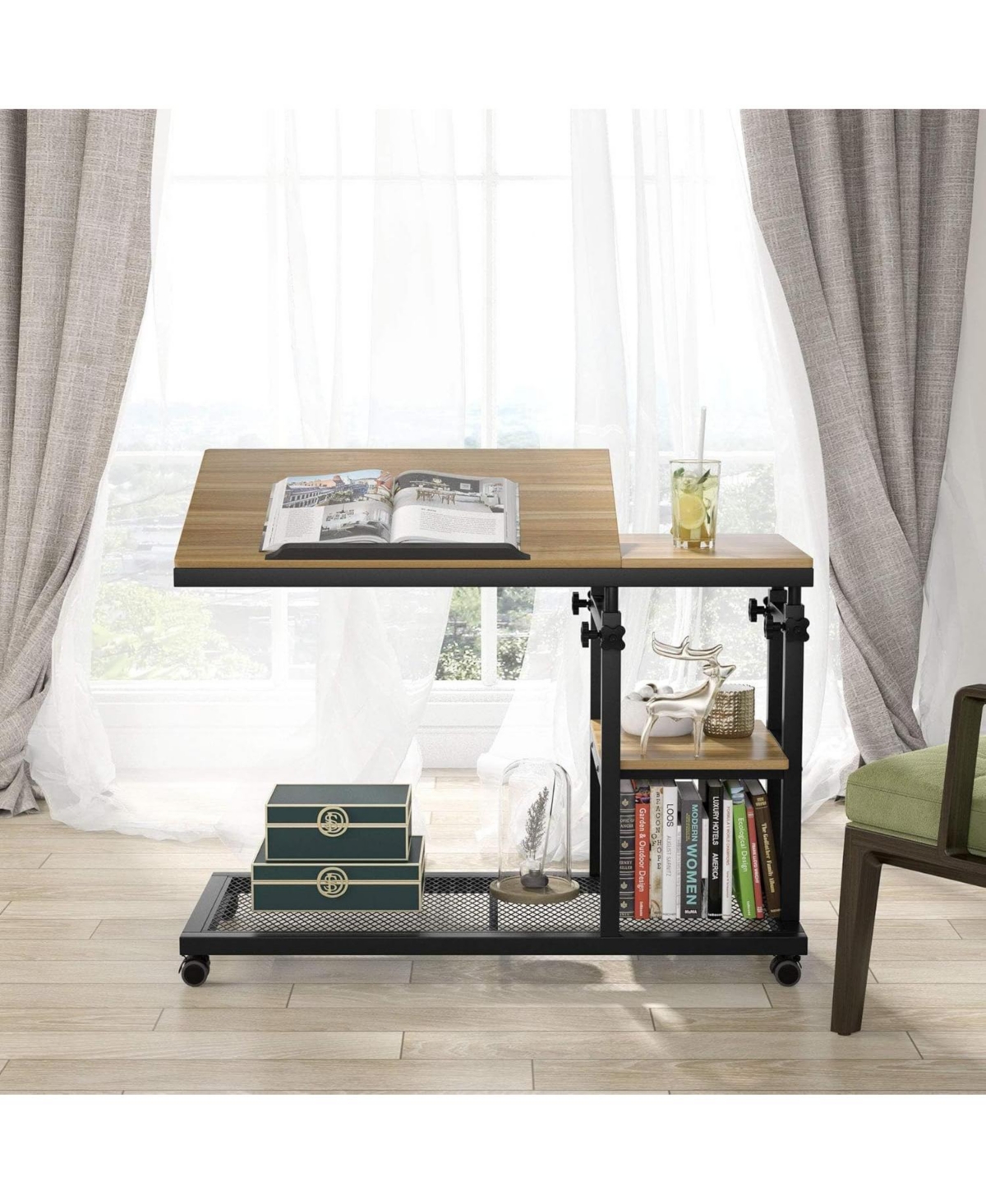 Tribesigns Height Adjustable C Table with Wheels, Mobile Couch Snack Side Table with Tiltable Drawing Board, Sofa Bedside Laptop Stand C Shaped Tv Tra