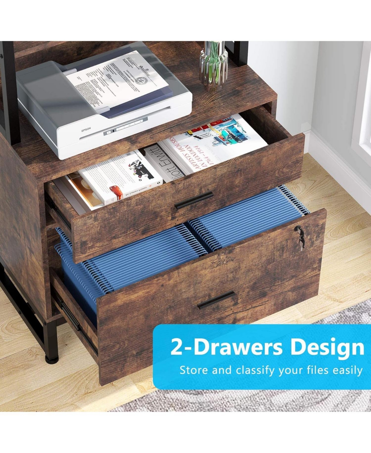 Tribesigns 2 Drawer Vertical File Cabinet with Lock & Bookshelf, Letter Size Modern Filing Cabinet Printer Stand with Open Storage Shelves for H