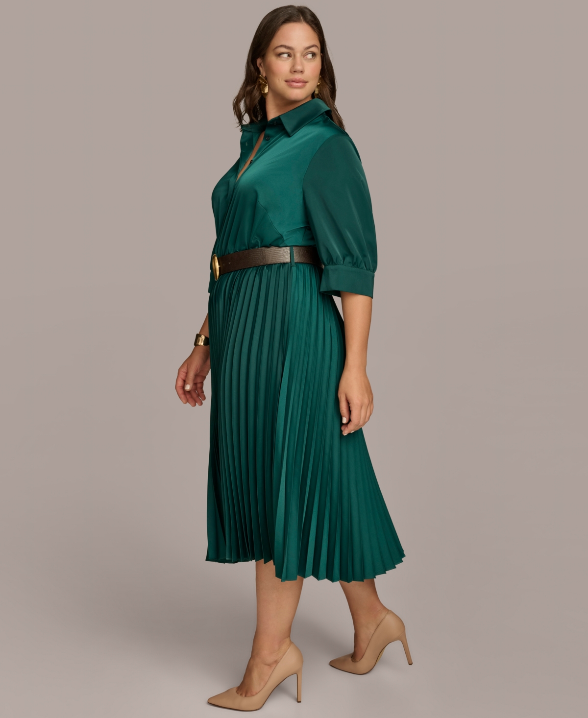 Donna Karan New York Plus Size Belted Pleated Midi Dress