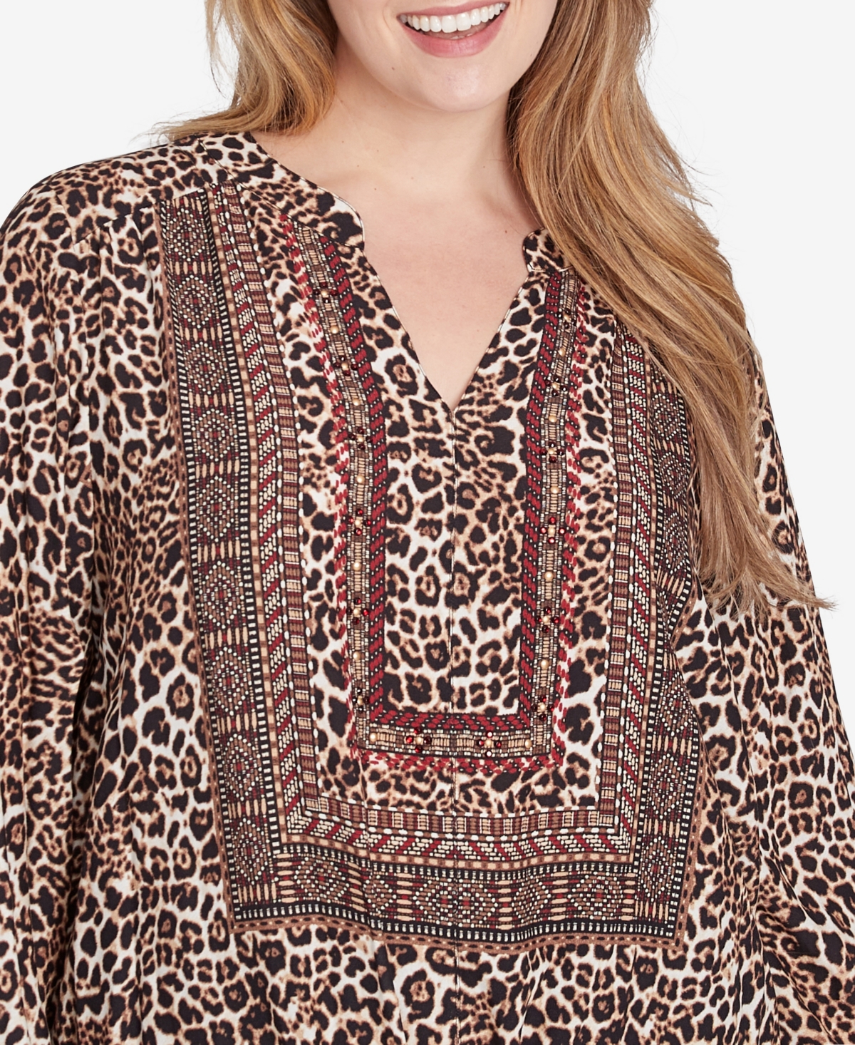 Ruby Rd. Plus Size Split Neck Embellished Animal Placement Print Tie Front Top