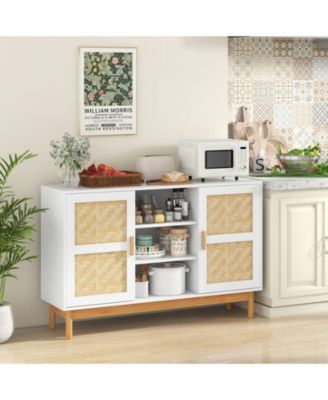 48 Inch Sideboard Buffet Cabinet Floor Storage Cabinet with 2 Bamboo Woven Doors-White