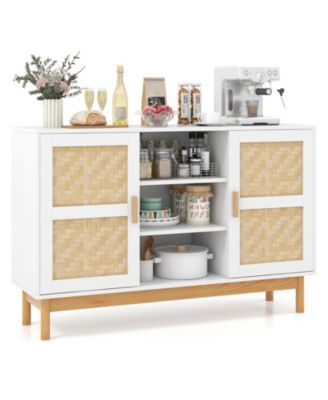 48 Inch Sideboard Buffet Cabinet Floor Storage Cabinet with 2 Bamboo Woven Doors-White