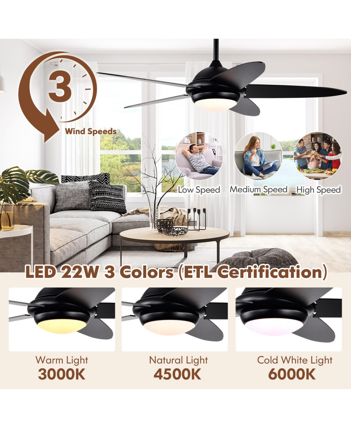 Skonyon Ceiling Fan with Lights and 3 Lighting Colors- Black