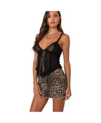 Womens Ribbon Tie Sheer Mesh Top