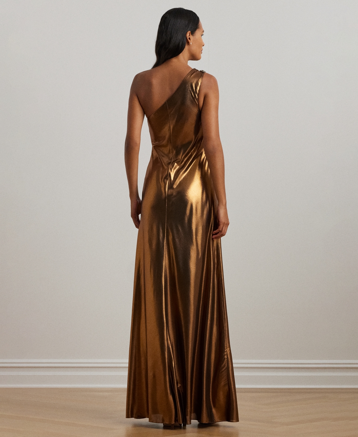 Ralph Lauren Women's One-shoulder Metallic Chiffon Gown In Cpfoil Blk