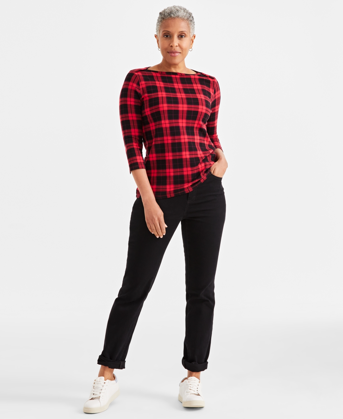 Style & Co Women's Printed 3/4-Sleeve Pima Cotton Top, Created for Macy's
