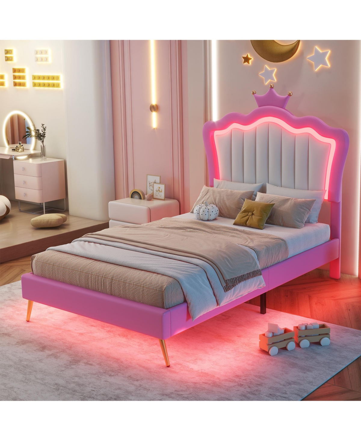 Streamdale Furniture Upholstered Princess Bed with Led Crown Headboard