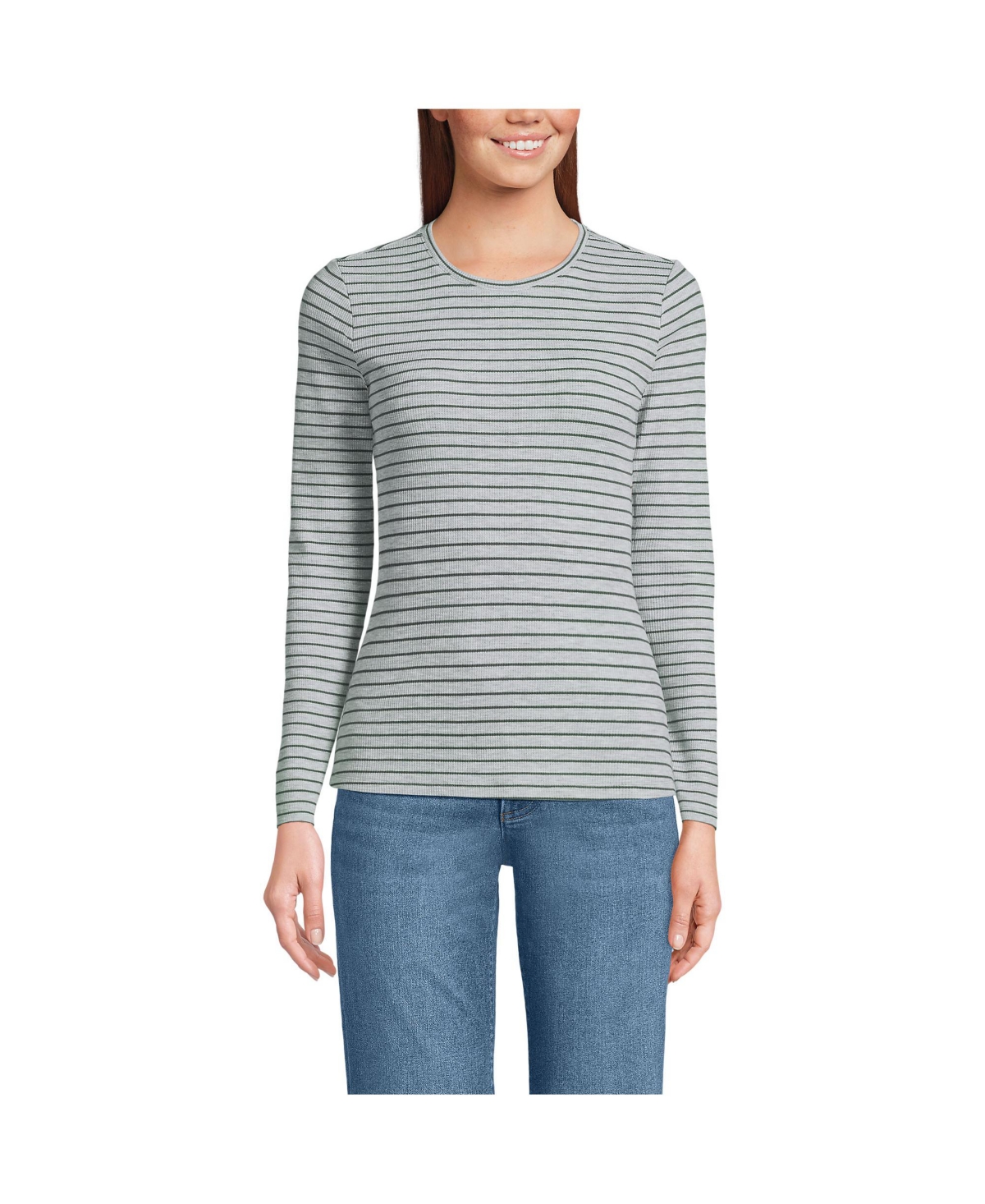 Women's Lightweight Waffle Skimming Long Sleeve Crew Neck T-Shirt - Ivory/black mini breton stripe