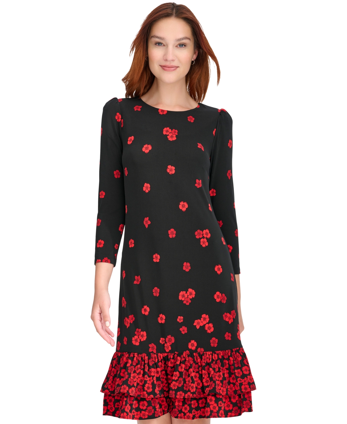Tommy Hilfiger Women's 3/4-Sleeve Flounce-Hem Dress -Scarlet