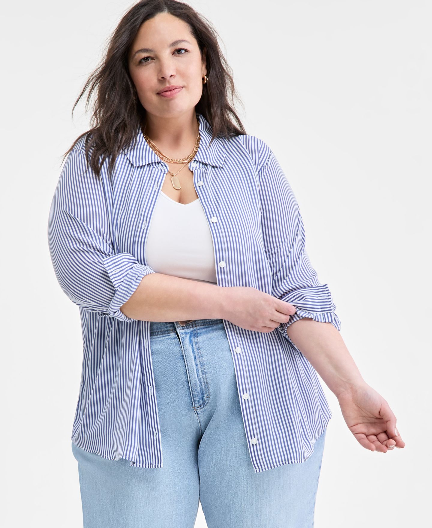 Женская рубашка On 34th Trendy Plus Size Button-Front Crepe, цвет: Синий комбинированный — фото 2