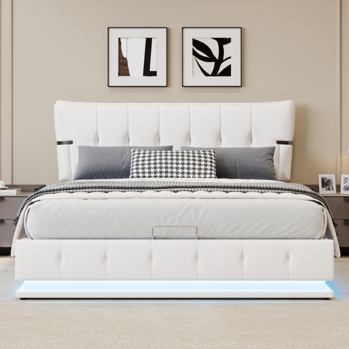 Streamdale Furniture Queen Size Upholstered Hydraulic Storage Bed with Rgb Led Light
