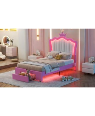 Twin Upholstered Bed with Crown Headboard and LED Lights