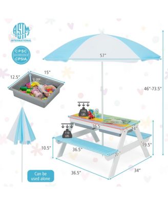 3-in-1 Kids Picnic Table Wooden Outdoor Sand & Water Table w/Umbrella Play Box es