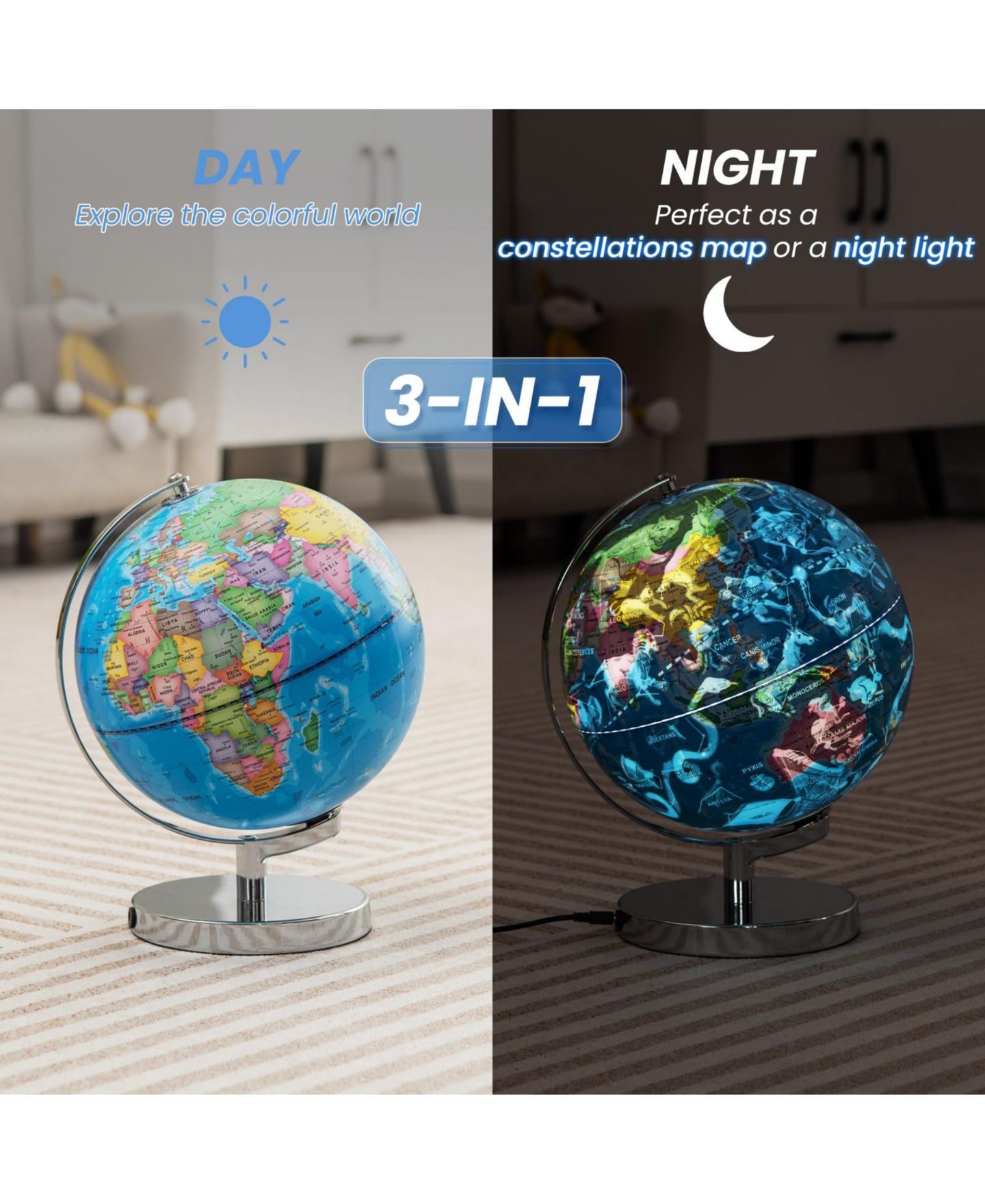 Детская игрушка VEBREDA 3-in-1 Illuminated World Globe with Stand and 88 Constellations, цвет: Синий — фото 5