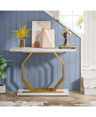Gold Console Table, Faux Marble Entryway Narrow Sofa Table with Geometric Metal Base, 40 Inch Modern Accent Entrance Table