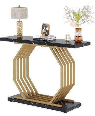 Gold Console Table, Faux Marble Entryway Narrow Sofa Table with Geometric Metal Base, 40 Inch Modern Accent Entrance Table