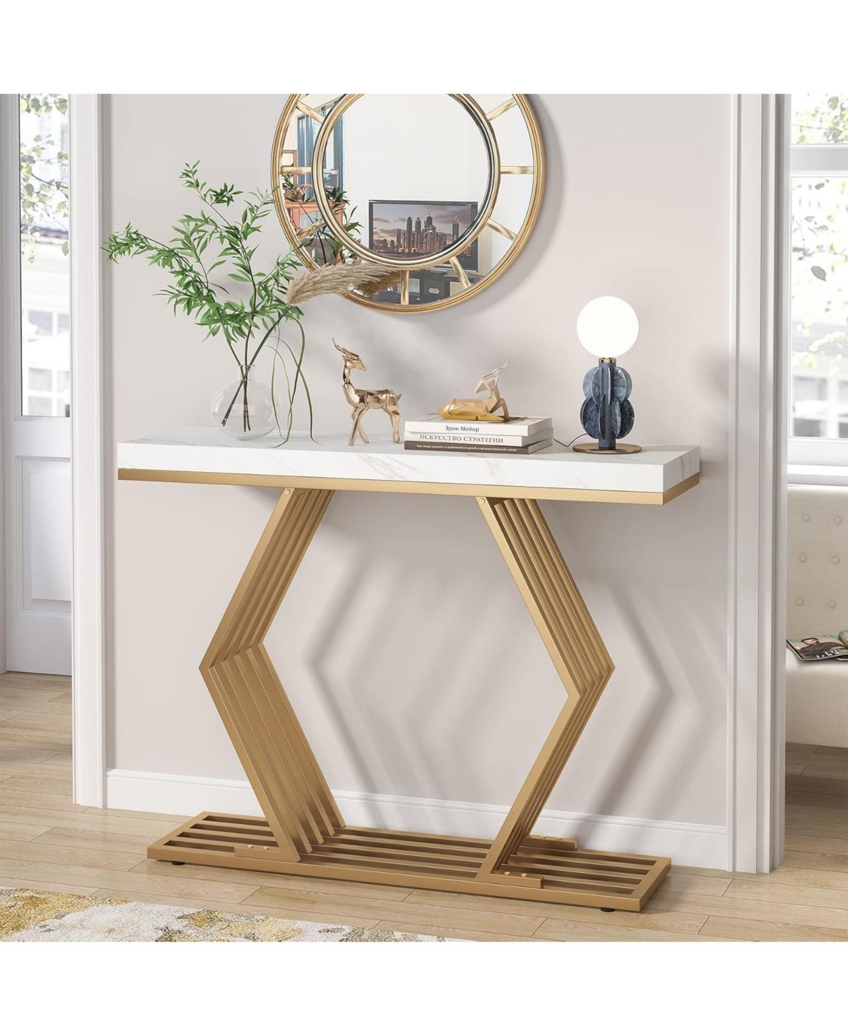 Tribesigns inches Modern Gold Console Table with Geometric Metal Base, White Faux Marble Narrow Entryway Table Foyer Table for Entrance, Living Roo