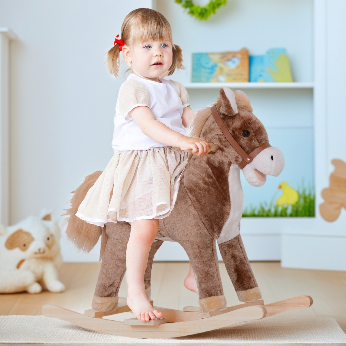Qaba Kids Rocking Horse with Soft Plush Body, Wooden Base, for 3+ Years