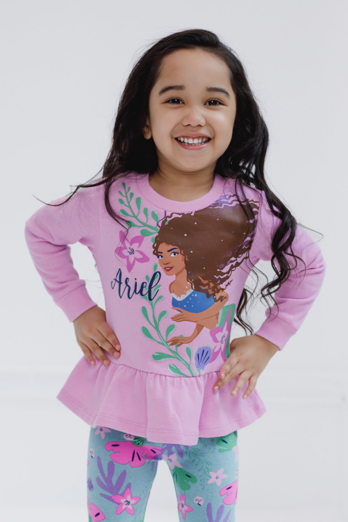 Disney Girls Junior Floral Sweatshirt and Leggings Outfit Set to (12 Months - 14-16) - ariel