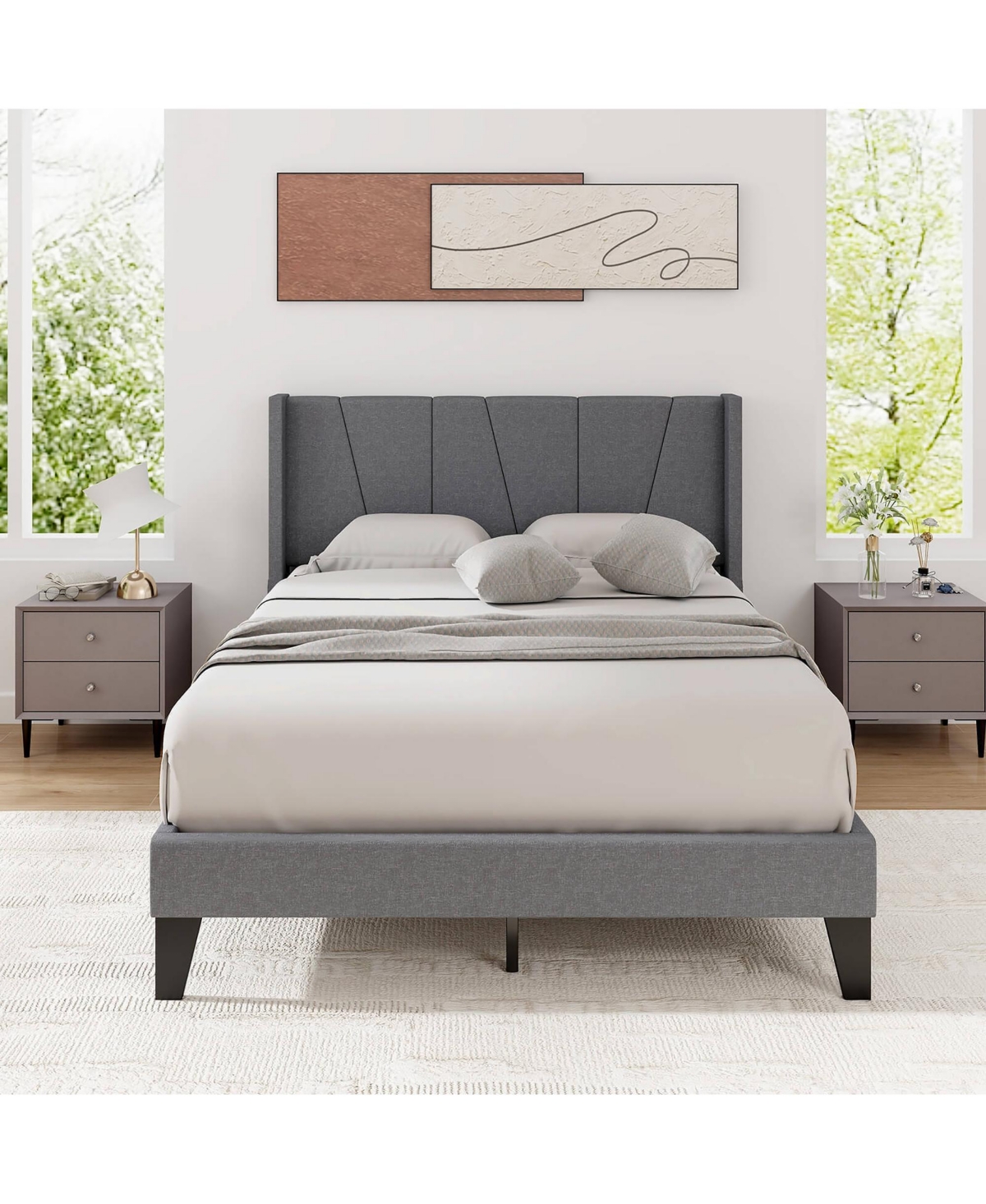Gymax Full Bed Frame w/ Elastic Pockets Mattress Foundation Gray - Grey+white