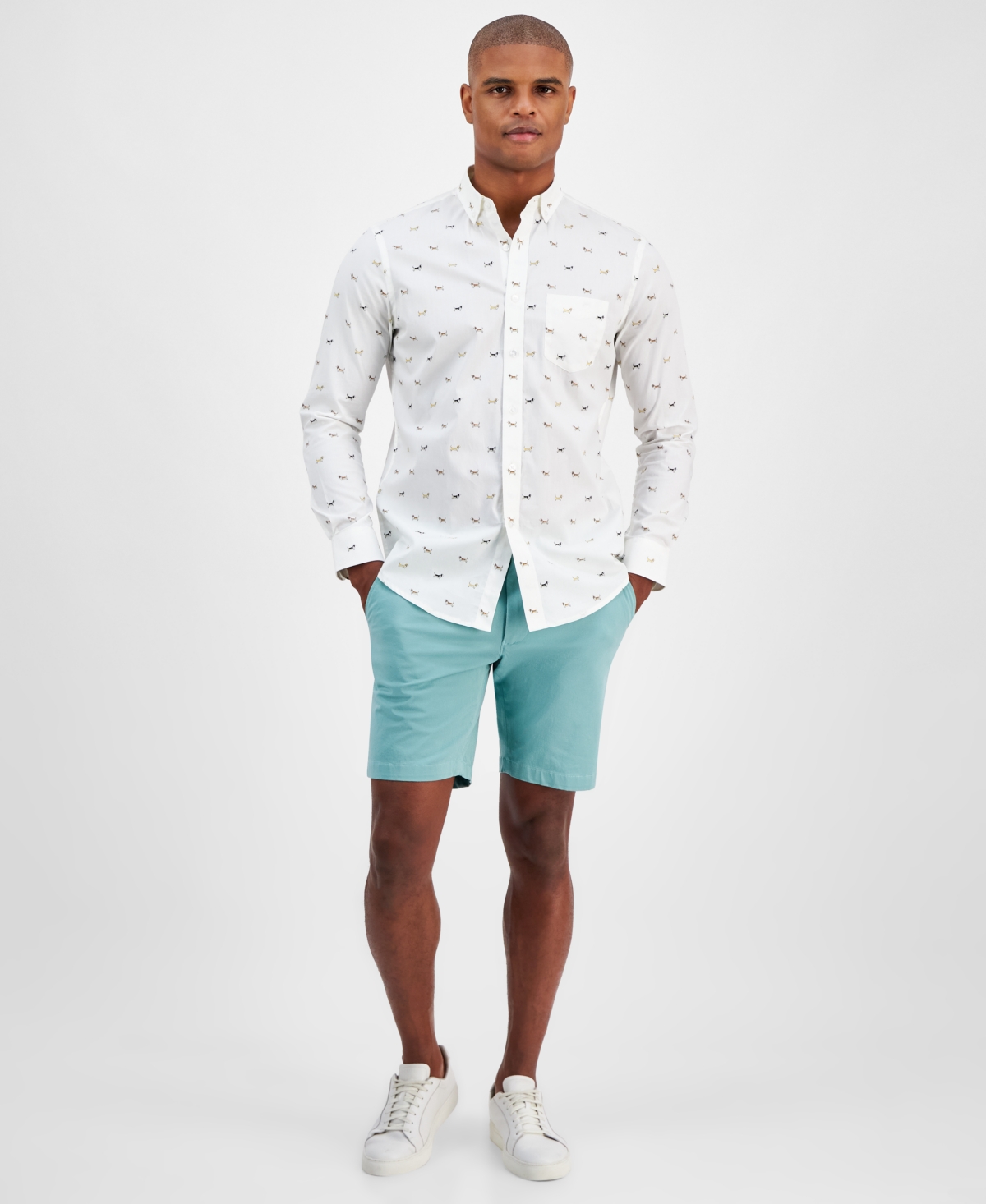 Club Room Men's Hound Dog Print Poplin Long-Sleeve Button-Down Shirt, Exclusively at Macy's