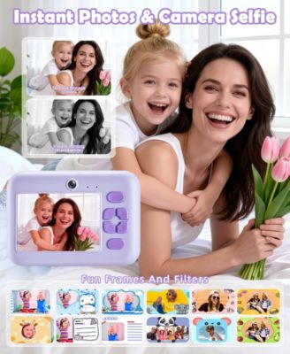 Kids Instant Print Camera 48MP with 16X Digital Zoom, 1080P HD Video, Bluetooth, Dual Lens, 2.4" Screen - Includes 32GB SD Card & 3 Print Rolls