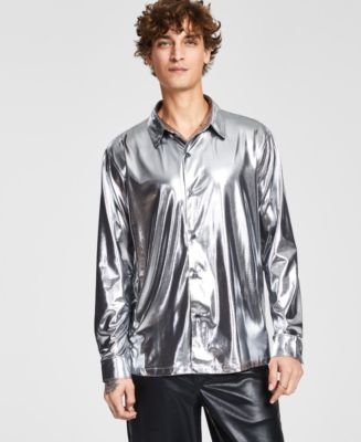 Chemise Homme En Soie Métallisée Gris Argenté Creme De Silk - Taille L - Neuf Avec étiquette (NWT)