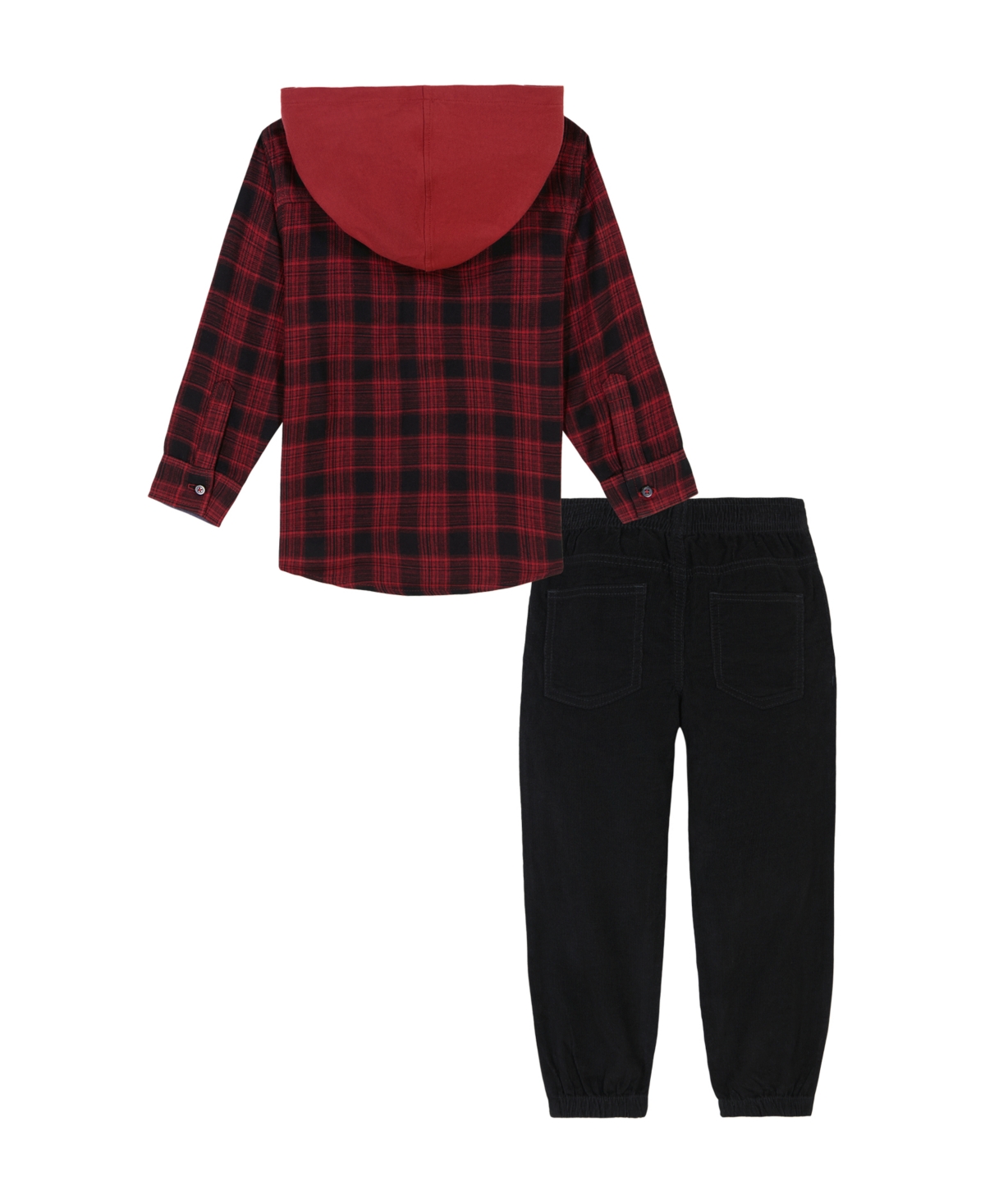 Kids Headquarters Toddler and Little Boys, Plaid Woven Shirt with Knit Hood Corduroy Joggers -Deep Black