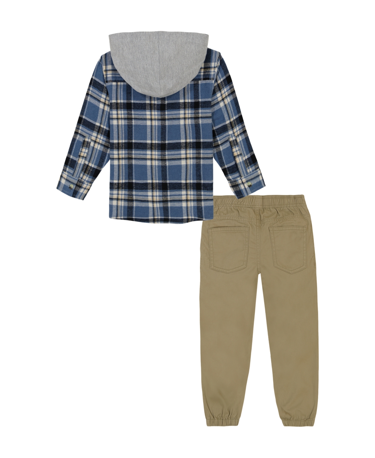 Kids Headquarters Toddler and Little Boys, Plaid Woven Shirt with Knit Hood Twill Joggers -British Khaki