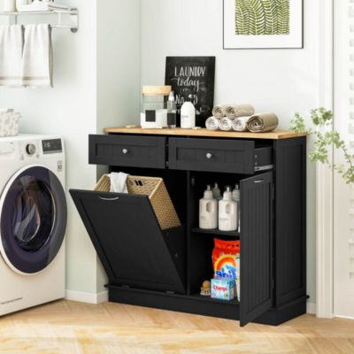 15.5 Gallon Kitchen Tilt Out Trash Cabinet Rubber Wood Tabletop 2 Drawers