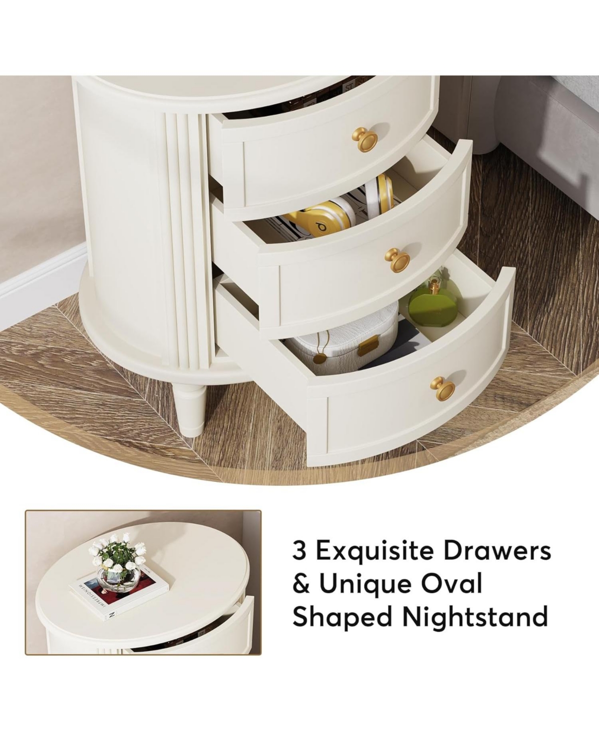 Tribesigns 3-Drawer Nightstands Set of 2, Off-White Bed Side Table for Bedroom, No Assembly Required, Oval Farmhouse Night Stand with Storage, Wood Si