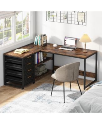 L Shaped Computer Desk with Storage Drawers, 59 inch Corner Desk with Shelves, Reversible L-Shaped Office Desk Study Writing Table Workstation for Home Office