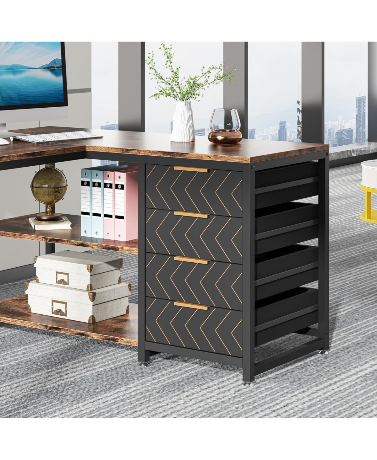 Tribesigns L Shaped Computer Desk with Storage Drawers, 59 inch Corner Desk with Shelves, Reversible L-Shaped Office Desk Study Writing Table Workstat