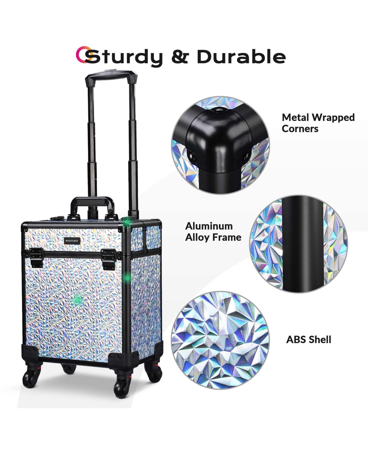 Byootique Rolling Makeup Train Case 3-Piece Cosmetic Organizer Kit Trolley Organizer Travel Case Lockable Salon Barber Case Traveling Cart Trunk with