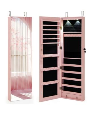 Mirrored Wall & Door Mounted Jewelry Cabinet Storage Organizer with Lights&Drawer