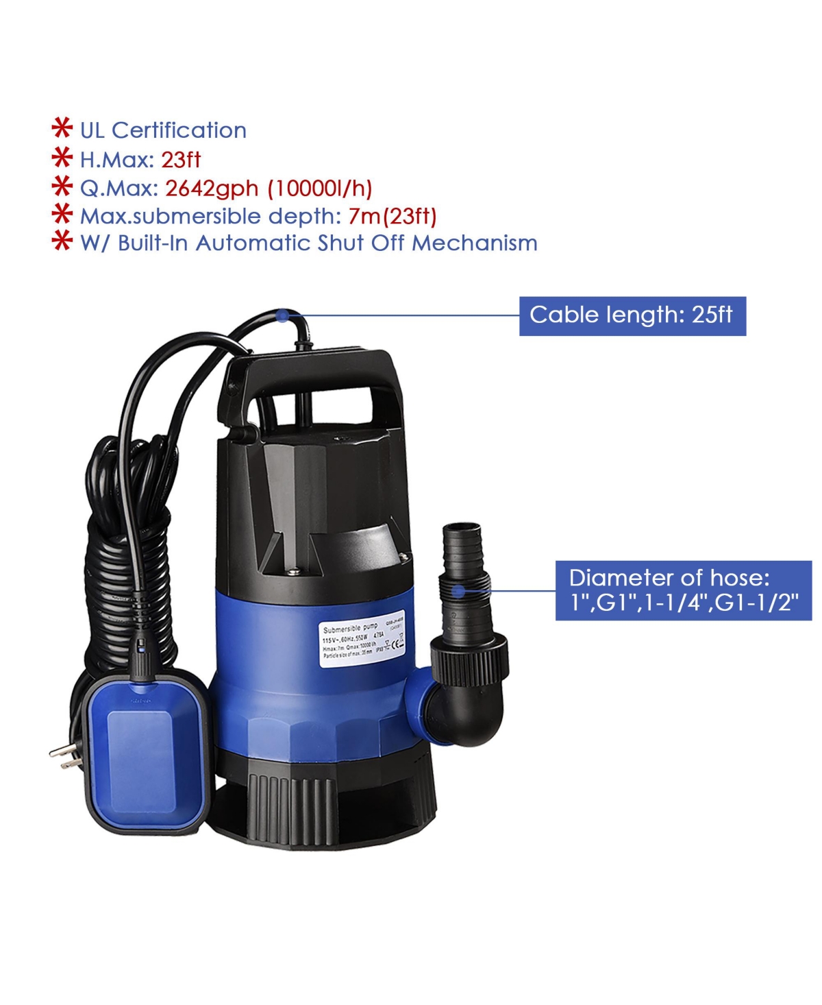 Yescom 3/4HP 2774GPH 550W Submersible Dirty Clean Water Pump Swimming Pool Pond Water Transfer