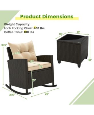 Patio Rattan Roker Chairs with Tempered Glass Table and Soft Cushions