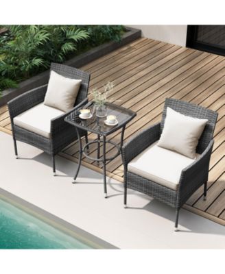 3 Pieces Patio Furniture Set with Cushioned Patio Chairs and Tempered Glass Coffee Table-White