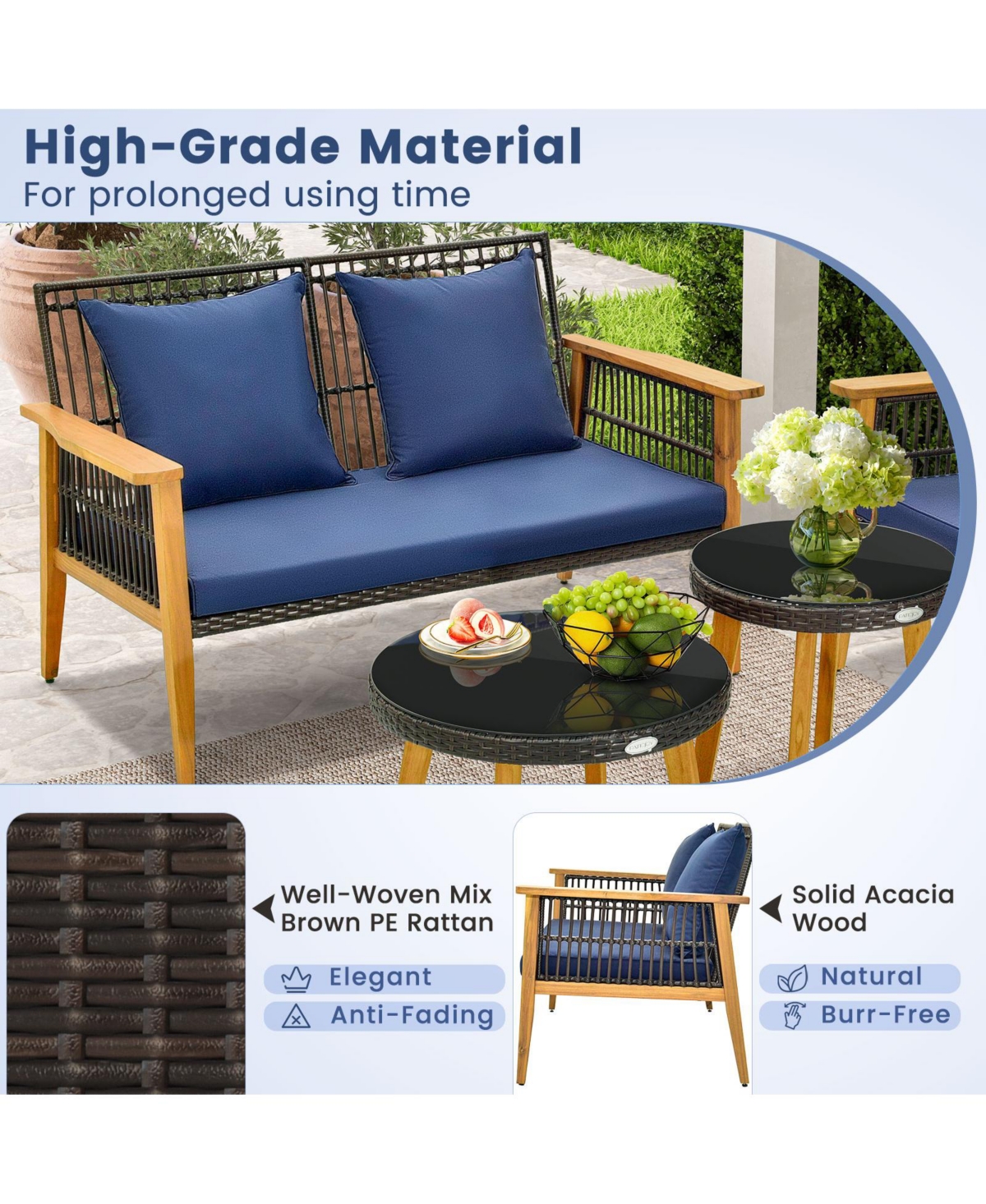 Vebreda 5 Piece Outdoor Conversation Set with 2 Coffee Tables for Backyard Poolside- Navy