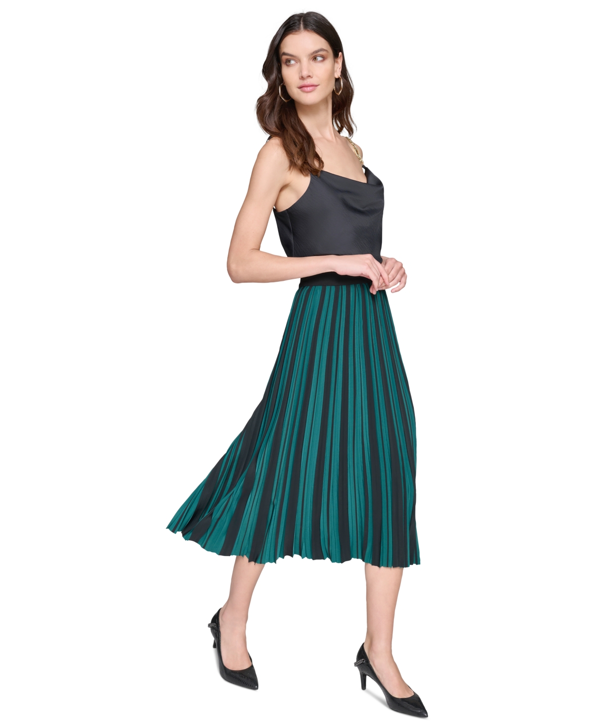 Karl Lagerfeld Paris Women's Striped Pleated Midi Skirt - Black  Green